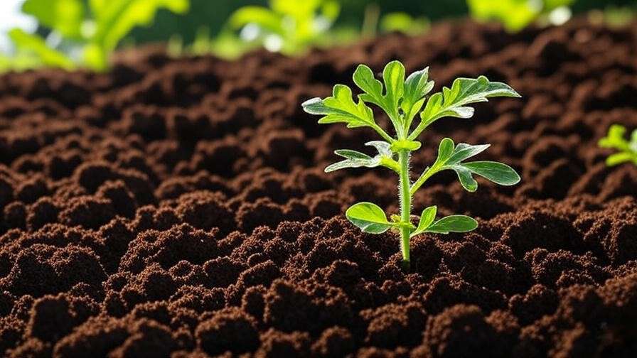 Well-prepared garden soil with compost and a small black seedless watermelon seedling under sunlight." 