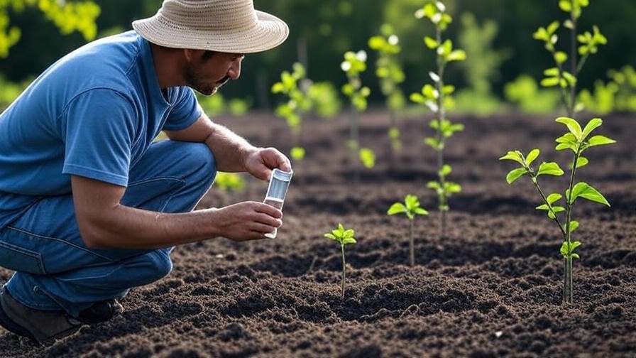 "Gardener testing soil pH with cherry tree saplings in a prepared garden bed".

