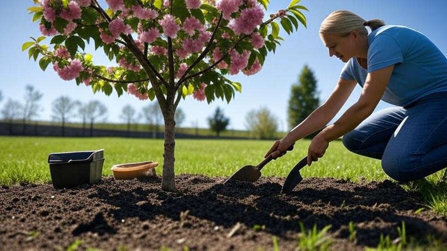 "Gardener collecting soil sample near cherry tree with soil test kit