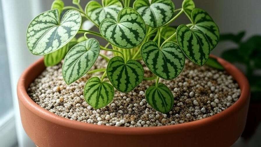 Close-up of String of Watermelon plant in terracotta pot with well-draining soil mix in bright indirect light. 
