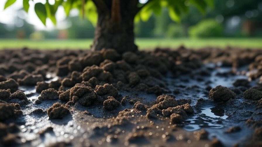 Compacted soil with water pooling and shallow roots around a cherry tree in a garden."