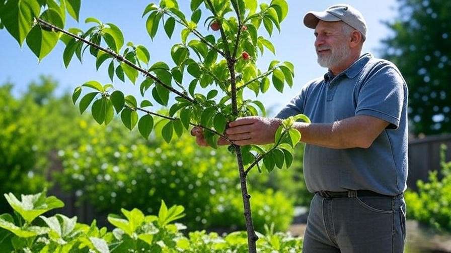 Gardener pruning dwarf cherry tree with trellis in small garden, clear sky."
