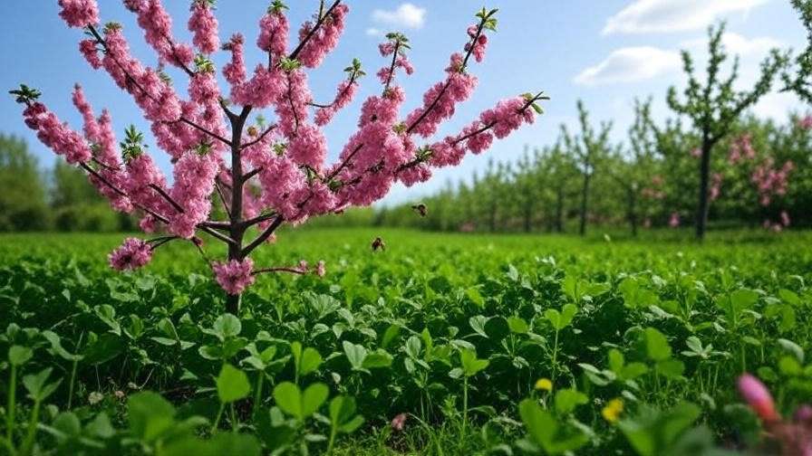 Blooming cherry tree with bees and clover for successful pollination and fruit quality."
