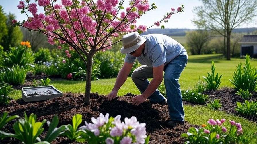 Gardener applying compost to cherry tree soil with testing kit in spring garden."
