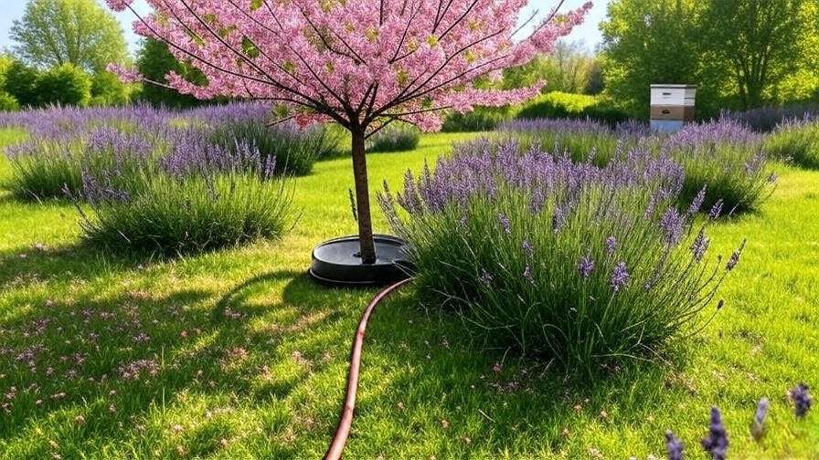 Cherry tree in spring bloom with soaker hose and lavender flowers."