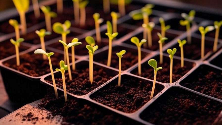 A high-quality, vibrant 16:9 aspect ratio image of a seed tray filled with rich, dark soil, showcasing small green Moon and Stars watermelon sprouts emerging, illuminated by a warm grow light setup, set against a blurred indoor gardening background with no text, emphasizing natural colors and textures.