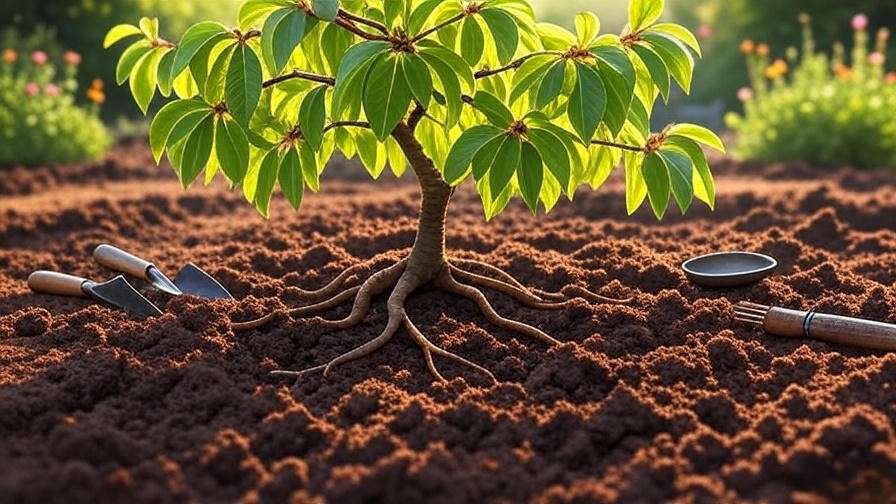 Illustration of cherry tree root system with soil amendment zones and gardening tools in a sunny garden."