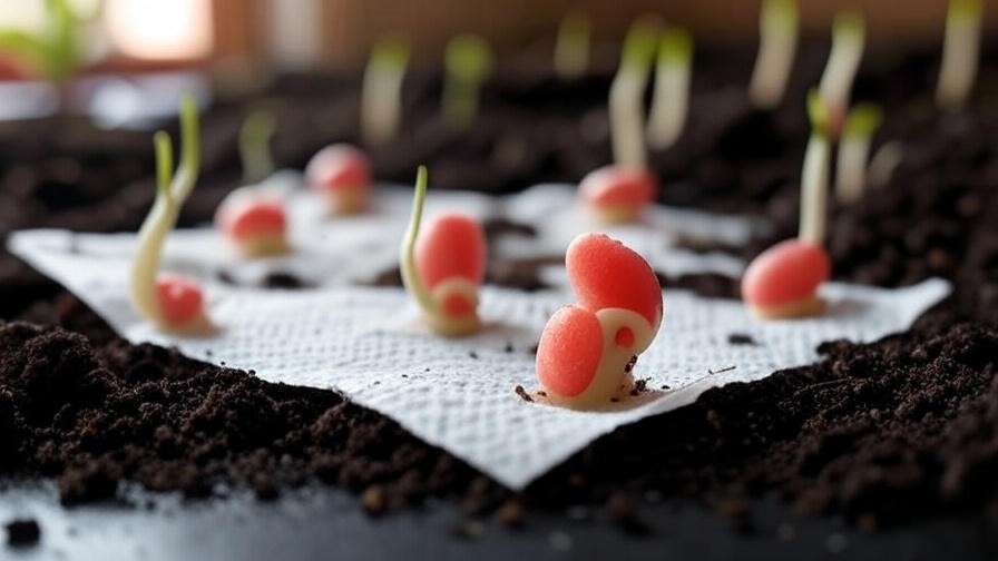 Watermelon Zkittlez seeds germinating in a paper towel with small green shoots."
