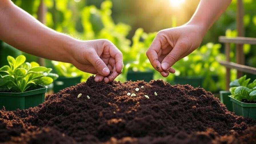 "Hands planting mini watermelon seedless seeds into soil with seedling trays and trellis." 
