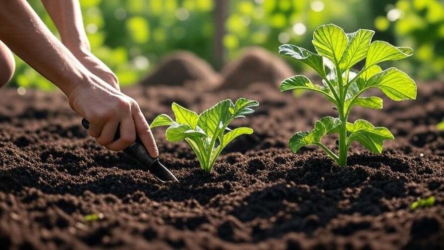Hands planting a watermelon berry plant with trowel and compost in a sunny garden. 