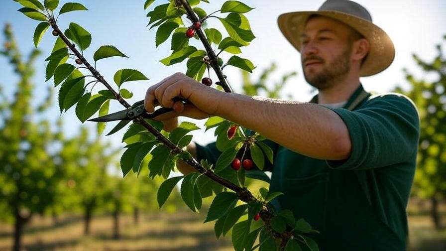 "Gardener pruning cherry tree with shears in sunny orchard, healthy leaves and ripe cherries."
