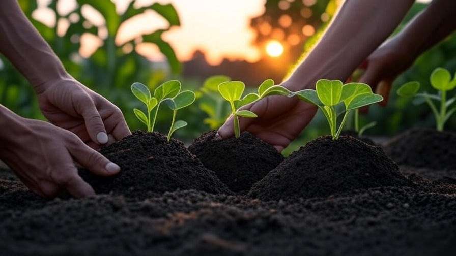 Hands planting Jam Watermelon seedlings in soil mounds in a sunny garden."

