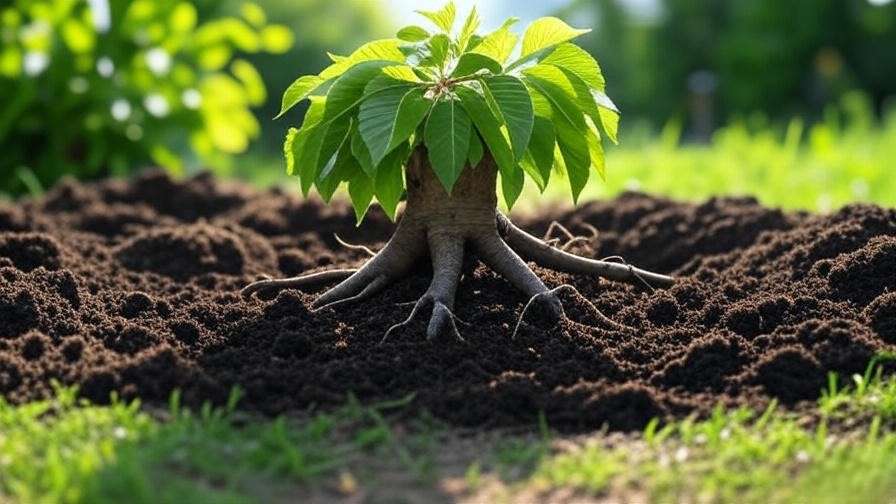 Cherry tree root ball being planted in prepared soil with compost in a sunny garden."
