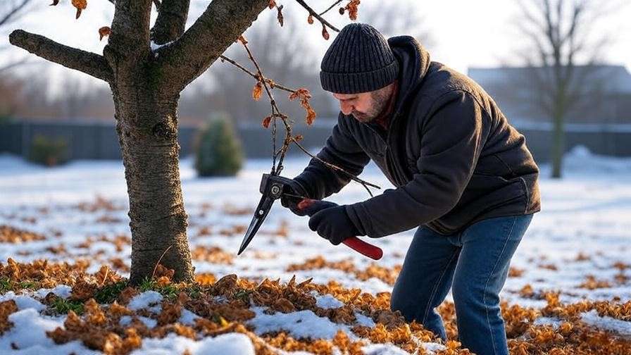 Gardener pruning cherry tree branches with tools in a snowy winter setting
