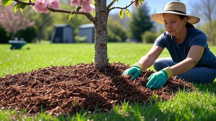 Gardener applying mulch around cherry tree base to protect roots from lawn care damage."