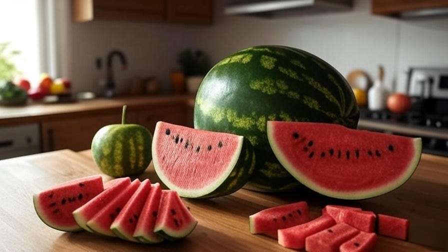 Whole and cut Jam Watermelon stored in a cool, dry kitchen area."
