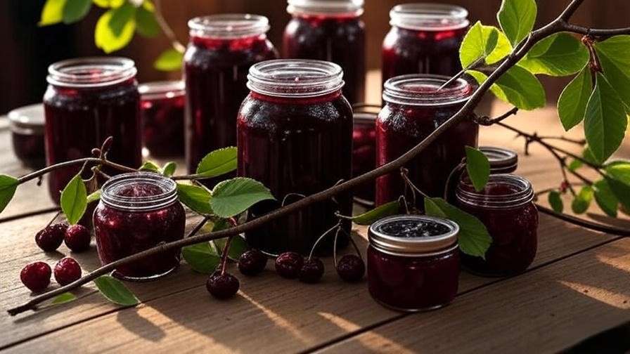 Jars of preserved cherry jam and dried cherries on a rustic table with branches"