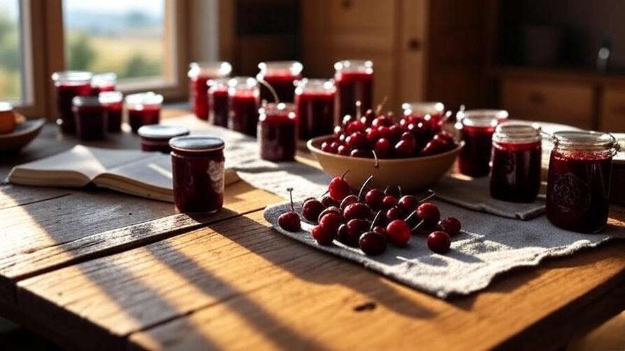 "Jars of cherry jam and dried cherries with fresh cherries on a kitchen table".

