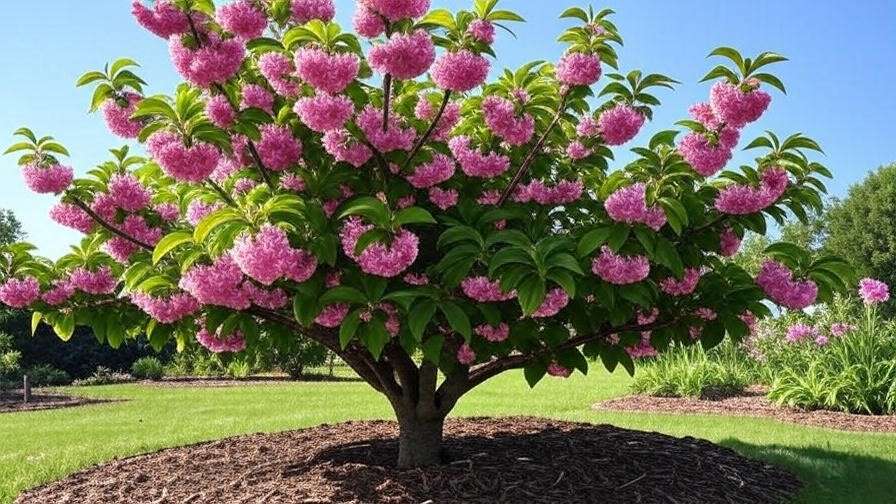 Healthy recovered cherry tree with pink blossoms in a thriving garden after root repair.