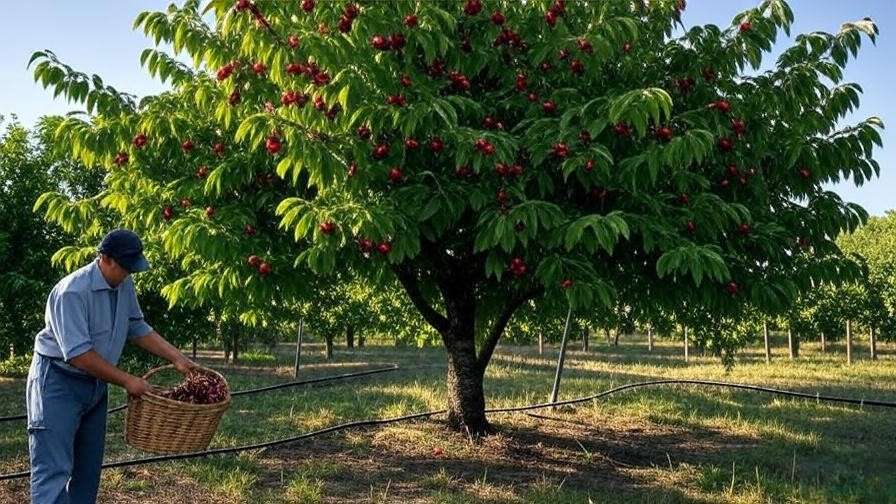 Cherry tree with ripe fruit and bird netting in summer garden