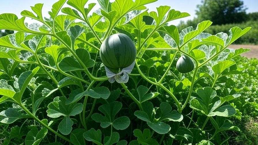 "Trellised black seedless watermelon plant with fruit in a fabric sling and green foliage." 