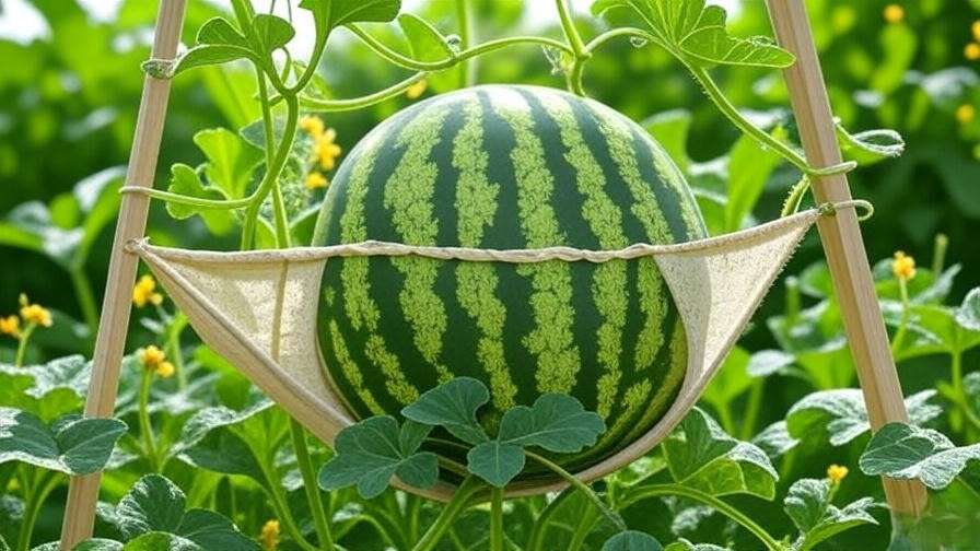 Moon and Stars watermelon on a trellis with fabric sling in a vertical garden"