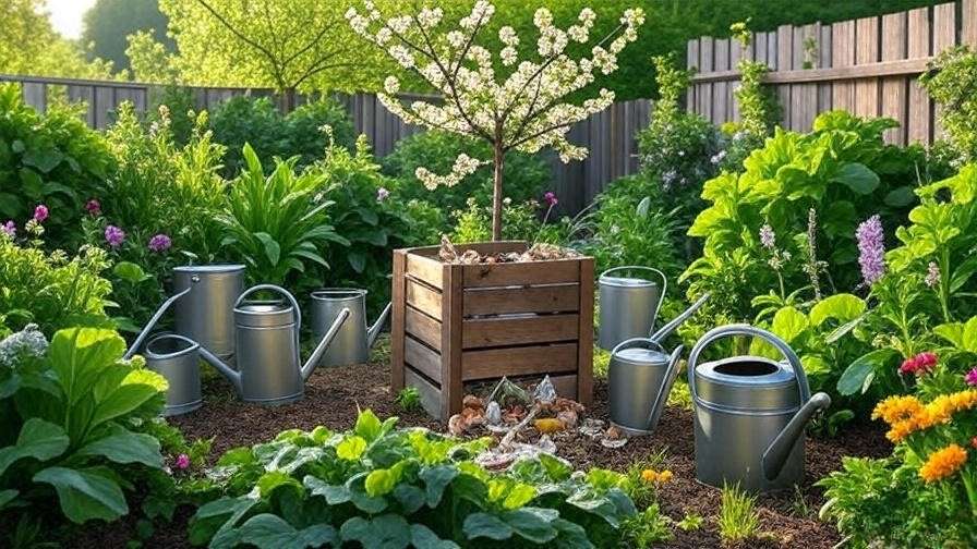 Potted cherry tree with compost bin and eco-friendly watering cans in a lush garden."
