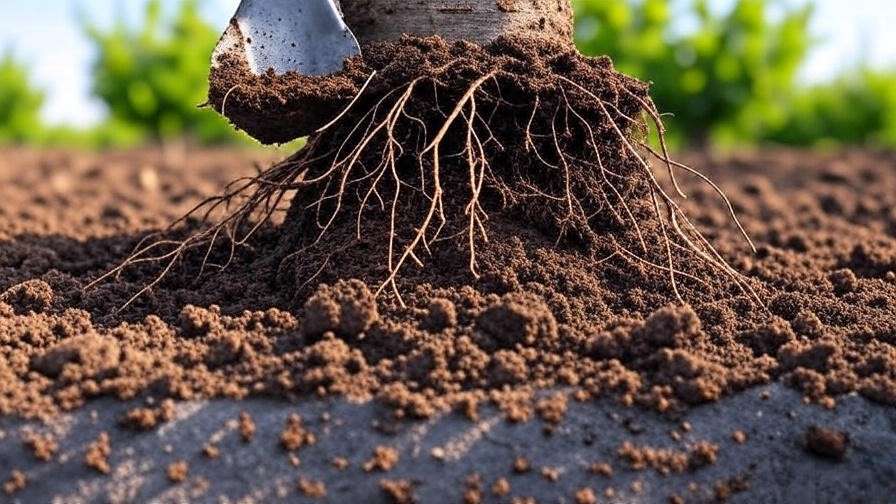 "Soil testing kit with cherry tree roots in a healthy orchard, demonstrating soil care for thriving trees".