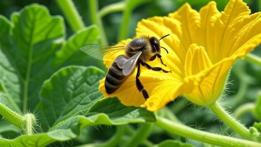 Honeybee pollinating a watermelon flower in a thriving garden"