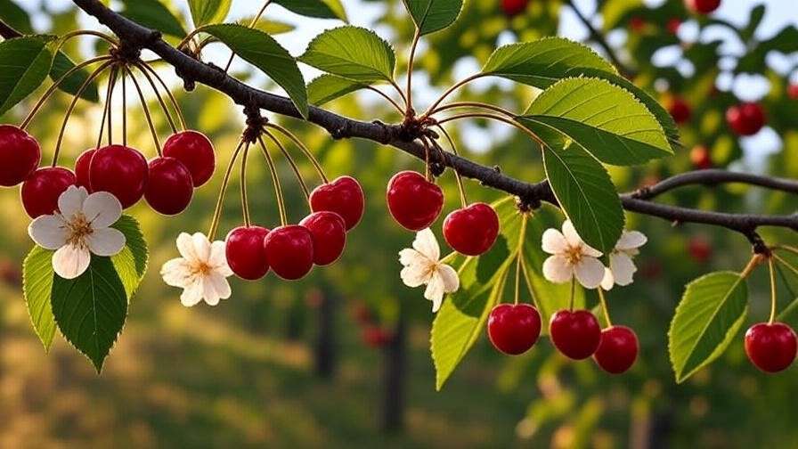 Close-up of cherry tree branch with ripe cherries and blossoms in an orchard