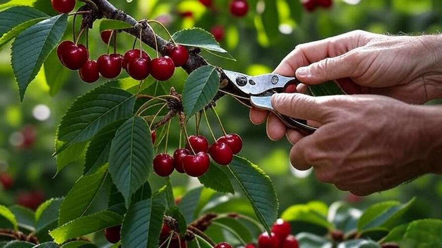 Gardener thinning cherry fruitlets with pruning shears on a healthy tree branch."