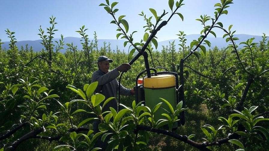 Farmer timing pesticide application on cherry trees in an orchard during early morning."
