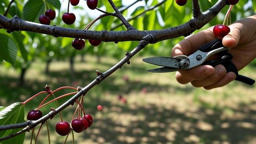 Gardener thinning cherries on tree branch with pruning shears