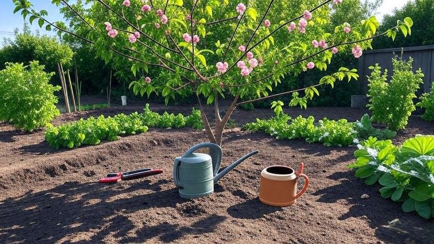 Cherry tree with gardening tools like shears and watering can
