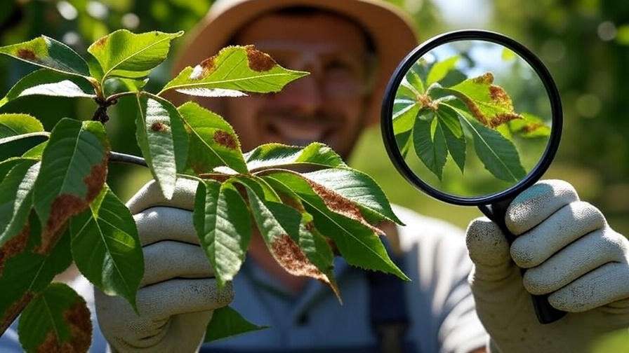 Gardener inspecting cherry tree leaves with a magnifying glass for brown leaf disease."