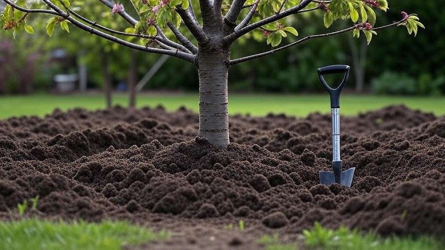 Garden tools like soil probe and shovel testing compacted soil around a cherry tree."