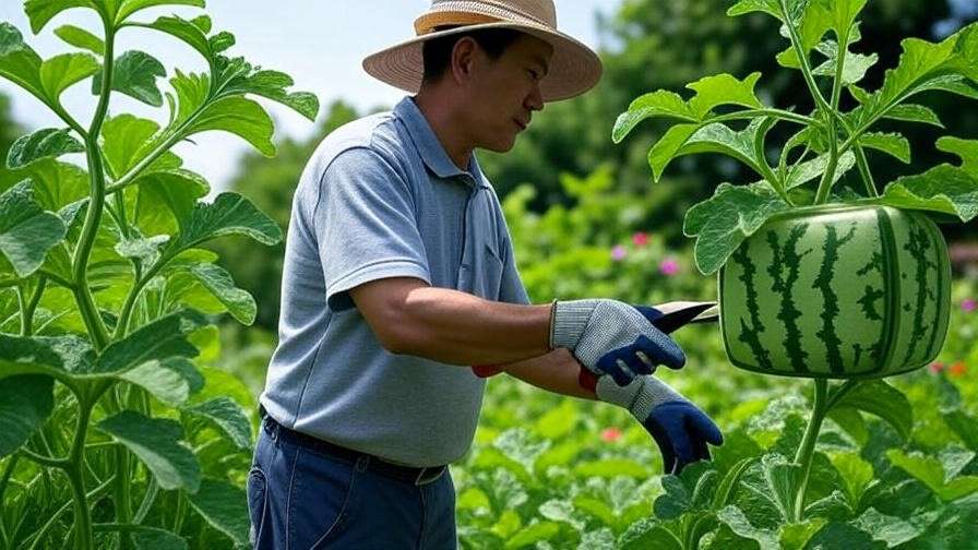 Gardener pruning Japanese watermelon vines with trellis supporting cube fruit"
