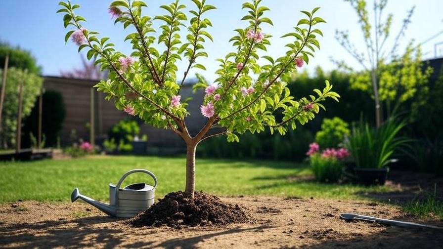 Young cherry tree with mulch and gardening tools in a garden"