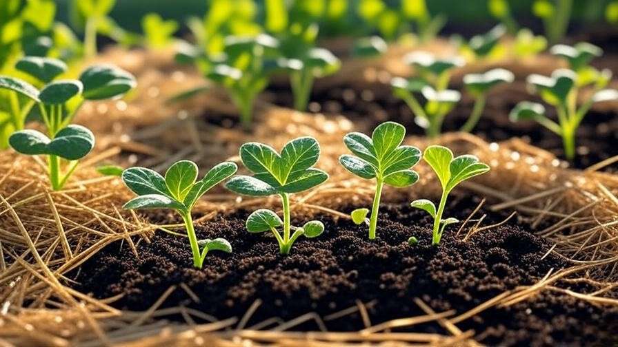 Moon and Stars watermelon seedlings transplanted in a mulched garden bed".