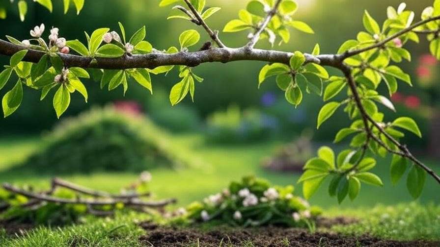 "Pruning a cherry tree branch with sanitized tools in a healthy garden.