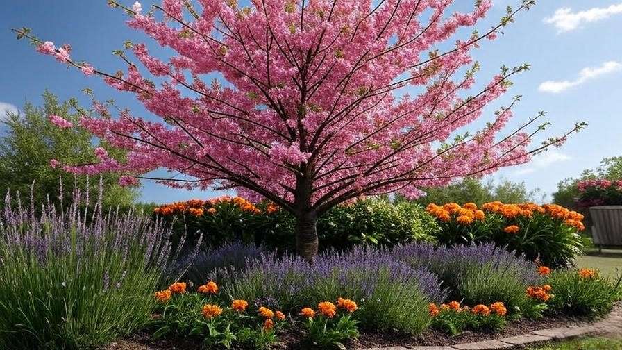 Cherry tree with bird netting and companion plants like lavender and marigolds."
