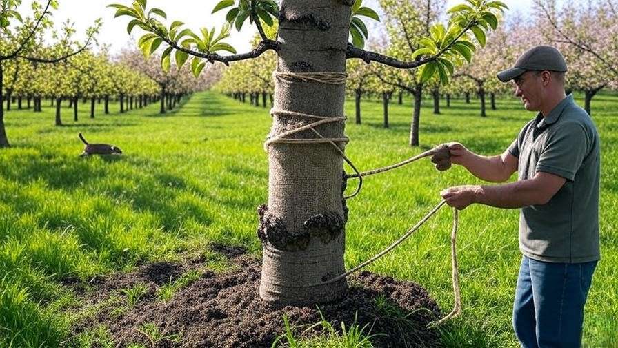 Gardener installing a trunk guard on a young cherry tree to protect from rabbits.