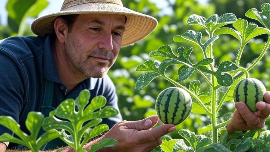  "Gardener inspecting mini watermelon seedless plant with powdery mildew in a garden." 
