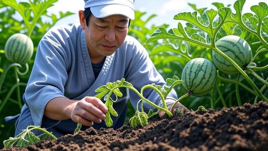 Japanese watermelon plant with wilting leaves and gardener checking soil drainage"
