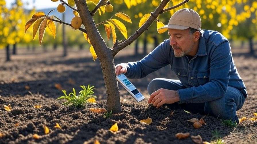"Gardener testing soil pH near a cherry tree with yellowing leaves