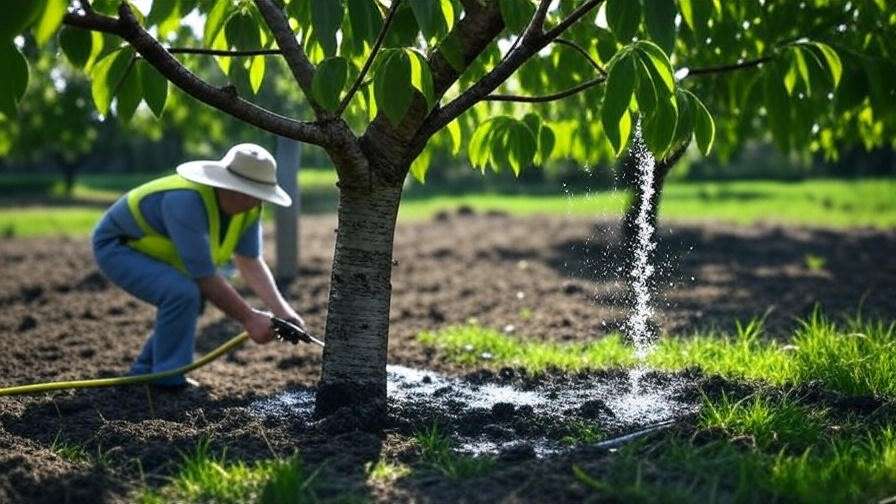 Gardener watering a drought-stressed cherry tree with a soaker hose in a garden".