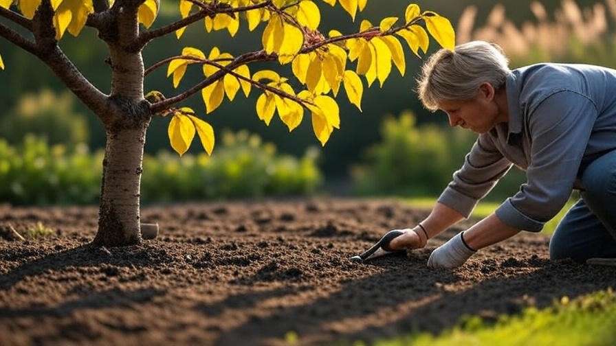 Gardener testing soil near a cherry tree with yellowing leaves in a sunny garden".