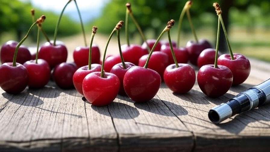 "Different cherry varieties on a table with a refractometer for ripeness testing."
