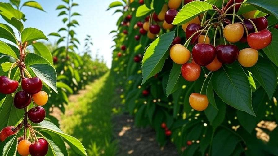 Close-up of ripe cherry varieties (Bing, Rainier, Montmorency) in a healthy orchard".
