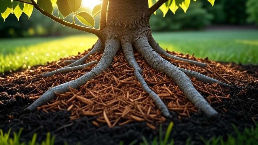 Healthy cherry tree with mulch layer around shallow roots in a lush garden.